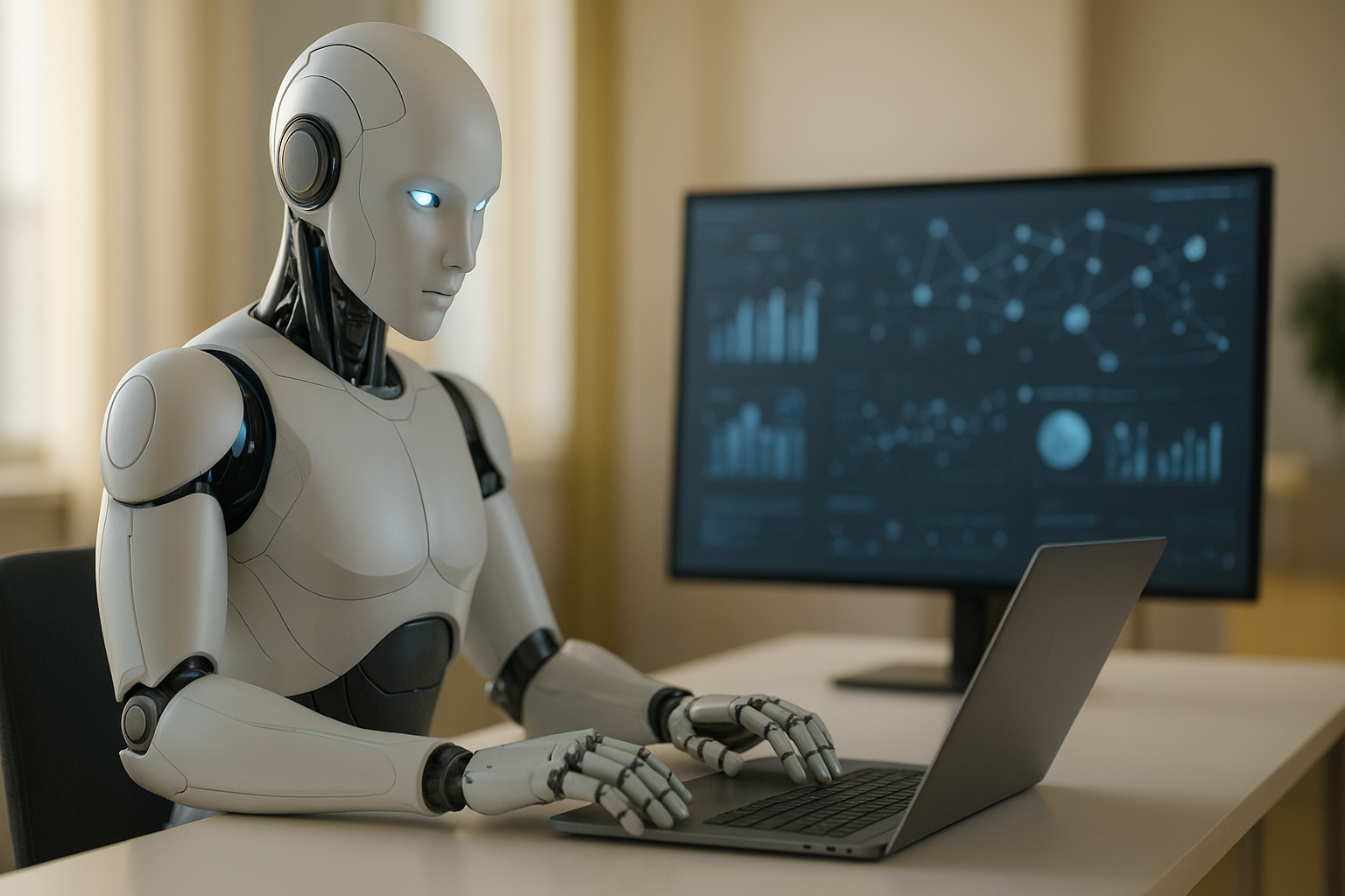 Robot AI di meja pejabat bersebelahan skrin yang memaparkan data