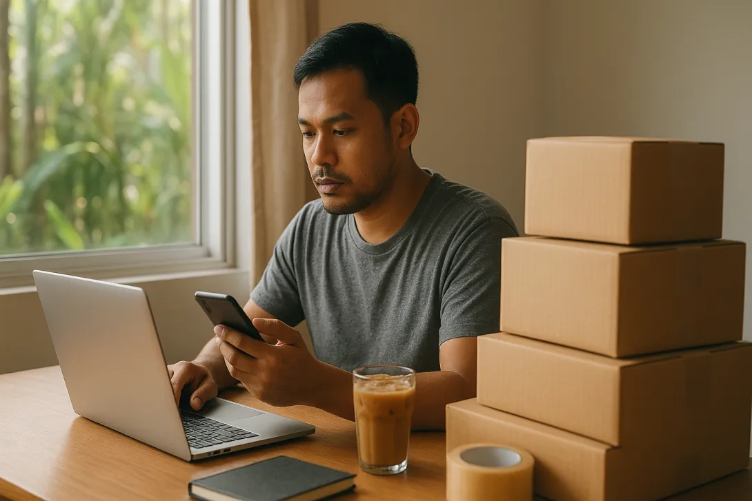 Peniaga kecil Malaysia sedang guna laptop dan telefon di meja kerja rumah dengan parcel di sebelahnya.