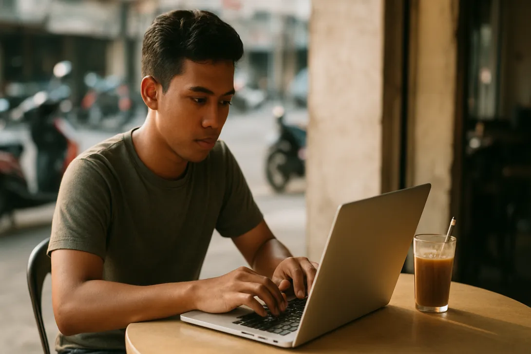 Lelaki Malaysia bekerja dengan laptop dan telefon di meja kedai kopi pada waktu petang.