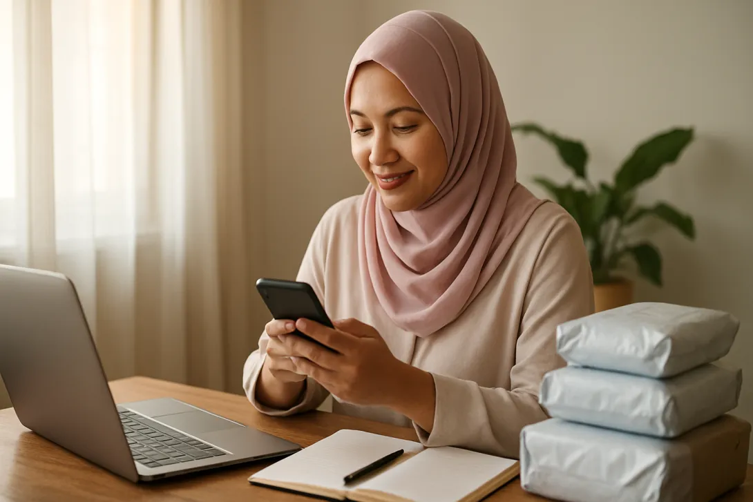 Seorang usahawan wanita Malaysia menghantar mesej susulan kepada pelanggan menggunakan telefon pintar di meja kerjanya.
